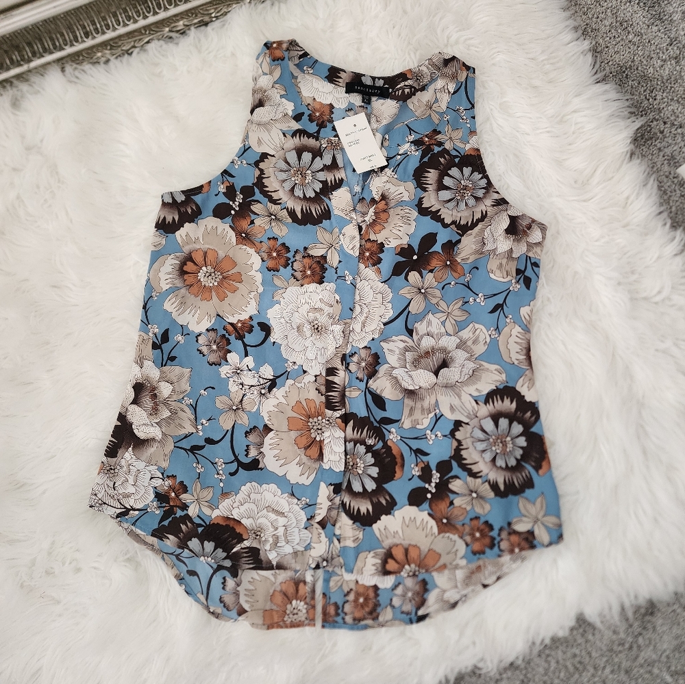 Floral Sleeveless Top - Blue and Brown